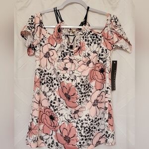 Always Indigo Women's Blouse top Size smallCold Shoulder Floral New With Tags
